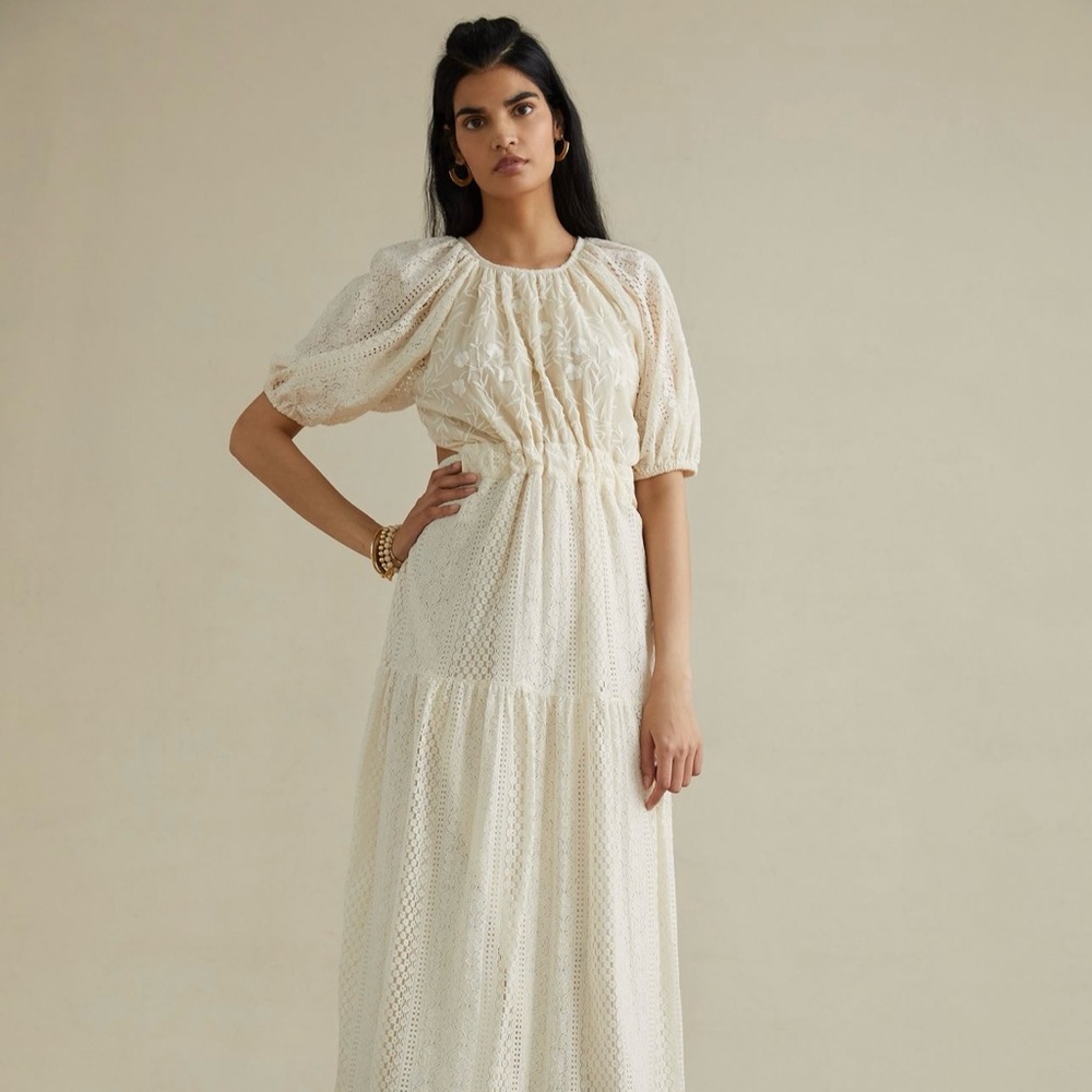 Anthropologie Cream Ruched Puff Sleeve Sundress